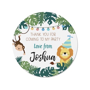 24 Personalised Jungle Birthday Stickers - Thank You, Happy Birthday, Safari, Animal, Lion, Monkey ST2