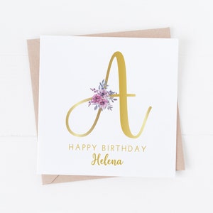 Gold Personalisierte Monogramm Alphabet Geburtstagskarte - Feminine Floral - BC75