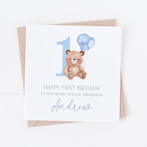 Beary Erster Geburtstag Blau - Personalisierte alles Gute zum Geburtstagkarte - Personalisieren Sie mit jedem Text - Tochter, Enkelin, Nichte