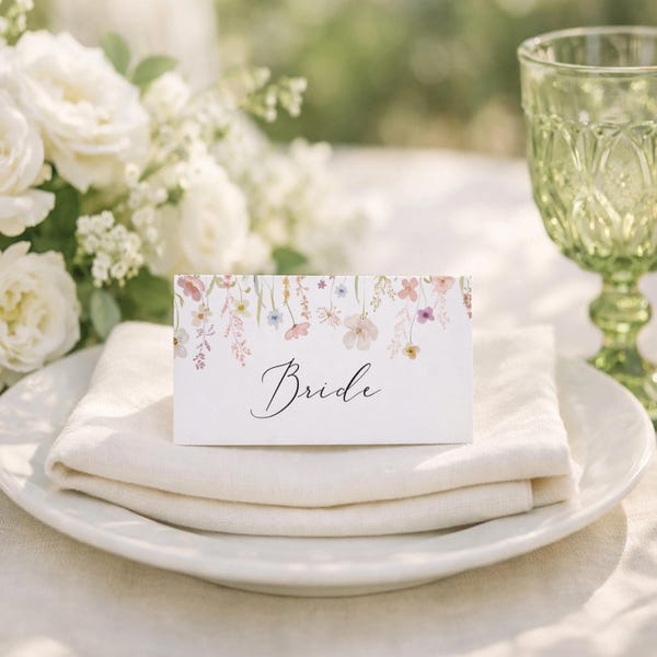 Tarjetas de mesa personalizadas con diseño floral de flores silvestres primaverales en tonos pastel - Tarjetas de asiento, etiquetas