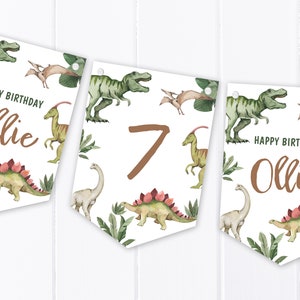 Dino acquerello - Stamina di buon compleanno dinosauro - Striscione / ghirlanda di decorazioni per feste per bambini personalizzati