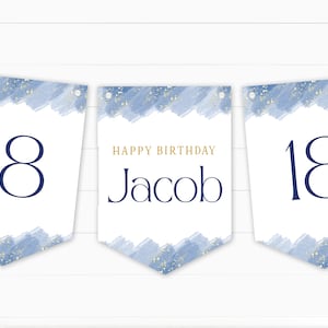 Blue Watercolour Personalised Happy Birthday Bunting - any name or age - 16th, 18th, 21st, 30th, 40th, 50th, 60th, 70th, 80th