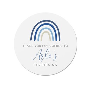 24 adesivos arco-íris azuis personalizados - batizado, obrigado, feliz aniversário, chá de bebê,