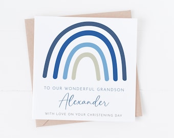 Personalised Blue Boho Rainbow -  Christening Card - On your Christening Day - Baptism, Communion, Naming Day, Communion