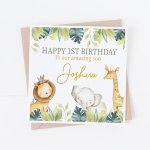 Gepersonaliseerde aquarel junglesafari gelukkige verjaardagskaart - personaliseer met tekst of leeftijd - 1e, 2e, 3e, 4e, 5e verjaardag BCWS1