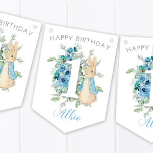 Personalisierte Blue Bunny Kaninchen alles Gute zum Geburtstag Wimpelkette - Kinderparty Dekoration Banner / Girlande - Jedes Alter - Eukalyptus Number Design