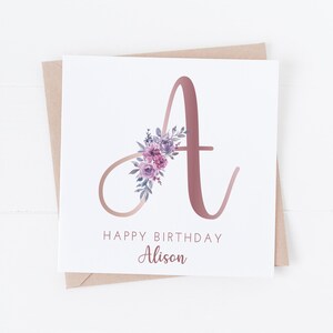 Rose Gold Personalised Monogram Alphabet Birthday card - Feminine Floral - BC74