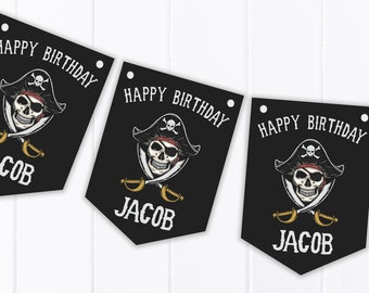 Personalised Pirate Happy Birthday Bunting - Children's Party Decoration Banner - Skull and Crossbones - Jolly Roger B36