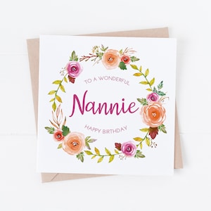 Carte d'anniversaire couronne florale aquarelle mamie, mamie, nounou BC75