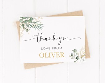 Personalised Eucalyptus Gold Leaf Thank You Cards - Christening, Baptism, Communion, Naming Day Invitations - With Envelopes