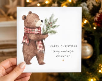 Personalised Grandad, Dad Daddy Bear Merry Christmas Card - Grandad, Papa, Grandfather, Gramps