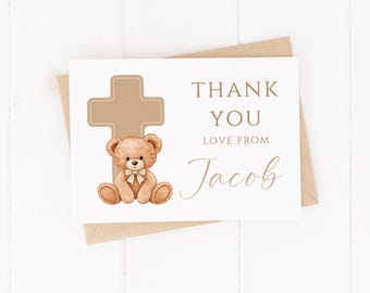 Personalised Blue Bear with Cross Thank You Cards - Christening, Baptism, Birthday, Communion, Naming Day Invitations - With Envelopes