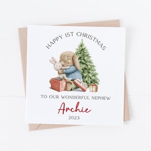 Première carte de Noël personnalisée - Fils, petit-fils, neveu, filleul, 1er Noël 2023 - Petit garçon, lapin