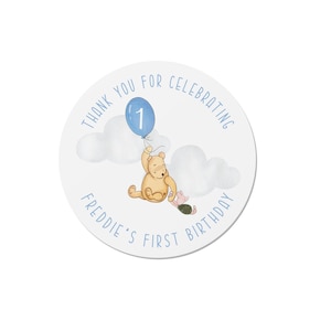 Blue Balloon Classic Winnie the Pooh - 24 Personalised Birthday Stickers - Age 1 - 1st birthday - Party bag label - Sweet cone seal