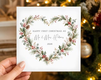 Heart Xmas Wreath - Couple Christmas Card - To Both of You - Happy First Christmas as Mr & Mrs