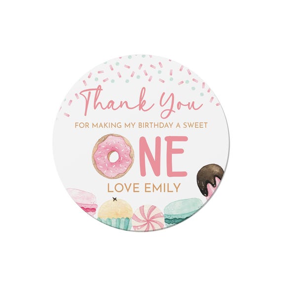 Pegatinas personalizadas de acuarela rosa "Dulce Uno" - Primer Cumpleaños - 24 pegatinas de cumpleaños - Edad 1 - 1er cumpleaños - Etiqueta para bolsa de fiesta - Sello para cono de dulces