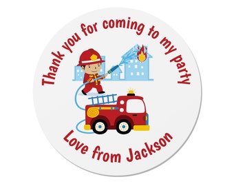 24 Personalised Fire Engine / Fireman Birthday Stickers - Thank You, Happy Birthday, ST30