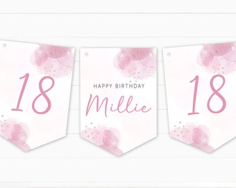 Bandierine di buon compleanno personalizzate in acquerello rosa - Qualsiasi età, 21, 30, 40, 50, 60, ecc. - Compleanno femminile