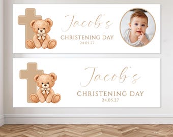 Personalised Blue Bear with Cross Christening Photo Banner - Three Sizes - Paper or Vinyl Options - Baptism, Communion, Naming Day