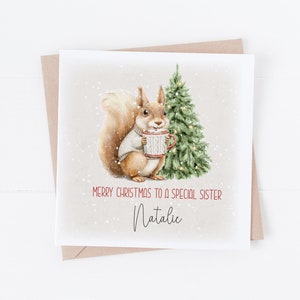 Tarjeta de Feliz Navidad personalizada para hermanas: ardilla adorable
