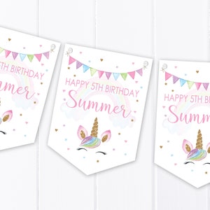 Personalised Unicorn Happy Birthday Bunting - Children's Party Decoration Banner B1