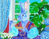 Velveteen Rabbit Drinking Tea with a Russian Folk Motif Art Print