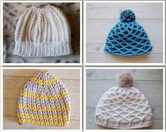 May include: Four crocheted hats in different colors and patterns. The hats are white, blue, beige with yellow stripes, and white with a beige brim.