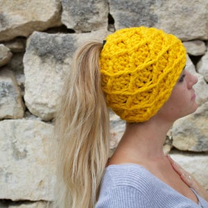 Crochet Patterns, Pattern, Crochet, Digital Download, Crochet Hat Pattern, Yellow, Messy Bun Hat, Beanie, Crochet Hat, Cute, Gift Idea, Gift image 3