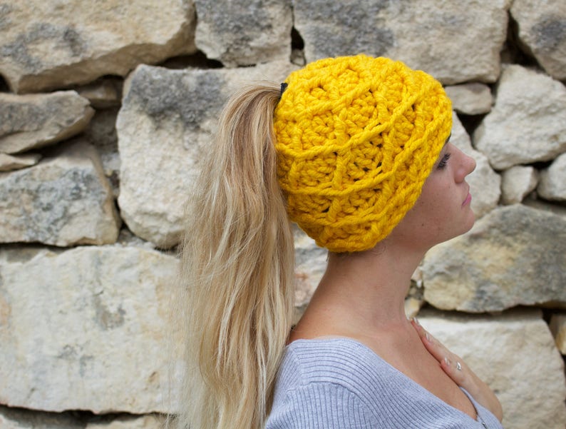 Crochet Patterns, Pattern, Crochet, Digital Download, Crochet Hat Pattern, Yellow, Messy Bun Hat, Beanie, Crochet Hat, Cute, Gift Idea, Gift image 3