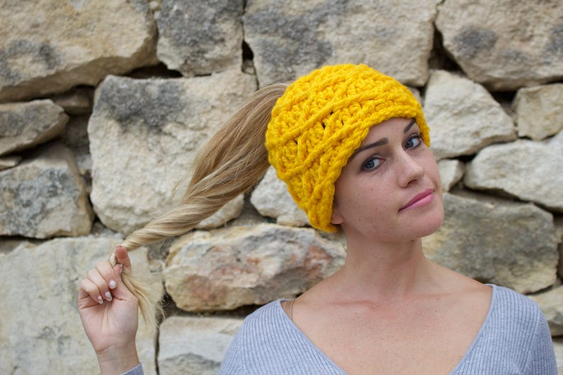 Crochet Patterns, Pattern, Crochet, Digital Download, Crochet Hat Pattern, Yellow, Messy Bun Hat, Beanie, Crochet Hat, Cute, Gift Idea, Gift image 2