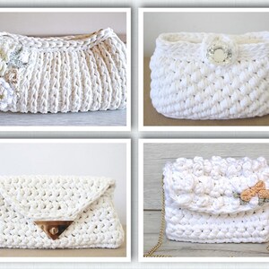 May include: Four white crochet handbags are displayed. The bags vary in shape and design, including a clutch with a gold clasp, a small bag with a jeweled accent, and two bags adorned with floral embellishments. Each bag has a unique texture.