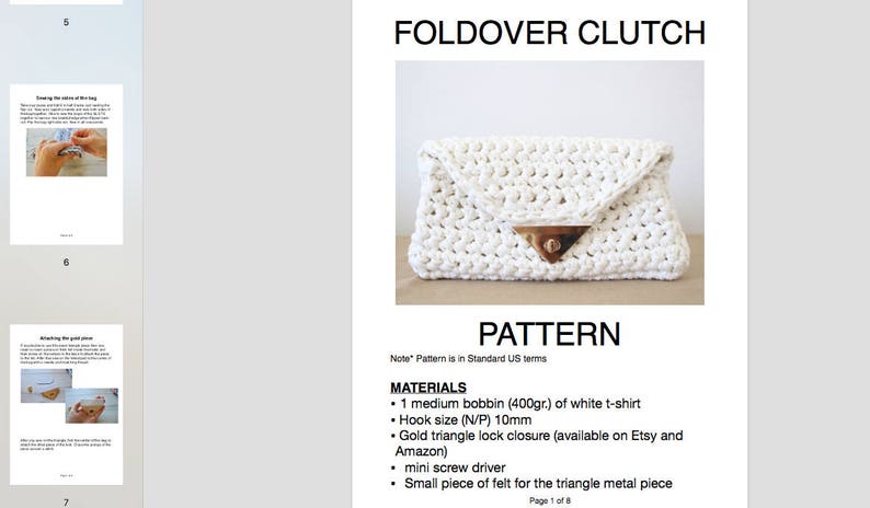 May include: A white crocheted foldover clutch with a gold triangle lock closure. The pattern includes instructions for making the clutch using a 400 gram bobbin of white t-shirt yarn and a 10mm crochet hook.