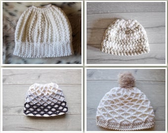 Hat Pattern Bundle, Messy Hair Bun Hat, Bun Hat, Crochet Patterns, Patterns, Crochet Pattern, Chunky Crochet Pattern, Puff Stitch Pattern,