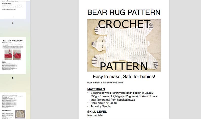 May include: Crochet pattern for a white bear rug. The pattern is easy to make and safe for babies. The materials needed include white t-shirt yarn, light grey yarn, dark grey yarn, a size N crochet hook, and a tapestry needle. The skill level is intermediate.