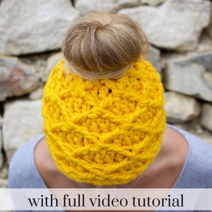 Crochet Patterns, Pattern, Crochet, Digital Download, Crochet Hat Pattern, Yellow, Messy Bun Hat, Beanie, Crochet Hat, Cute, Gift Idea, Gift image 1