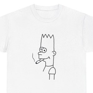 May include: White t-shirt with a black line drawing of Bart Simpson smoking a cigarette.