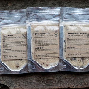 Infused artisan cane sugar holiday gift set: 1 oz each of 3 flavors for tea, coffee, cocktails, culinary baking Pacific NW herbs, fruits