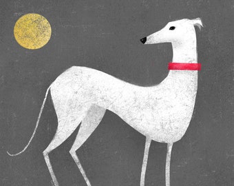 May include: Illustration of a white greyhound dog with a red collar, standing on a yellow ground against a dark gray background. A yellow circle, resembling a moon, is in the upper left corner.