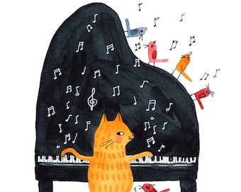 以下が含まれることがあります： 黒いグランドピアノを弾くオレンジ色の猫の水彩イラスト。ピアノの周りには音符が浮かび、カラフルな鳥たちが歌っています。このアートワークは、気まぐれで遊び心のあるスタイルです。