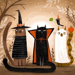 May include: A whimsical illustration features three cats dressed for Halloween. One cat wears a witch hat and striped cape, another a vampire cape, and the third is a ghost. A crow with a witch hat and a pumpkin complete the festive scene.