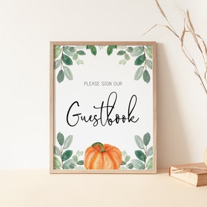 guestbook sign // pumpkin baby shower, fall autumn, watercolor greenery, eucalyptus, gender neutral, printable sign