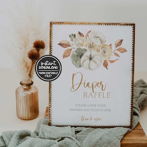 printable diaper raffle sign // fall baby shower, pumpkin, fall floral, gender neutral, printable baby shower sign