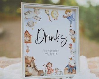 drinks table sign // nursery rhyme baby shower, gender neutral, mother goose, printable baby shower sign