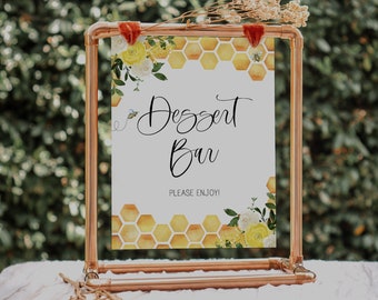 dessert bar sign // bee bridal shower, bee theme, wedding shower, yellow floral, honeycomb, bees, printable bridal shower sign
