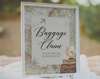 baggage claim favors sign // travel baby shower, luggage, suitcase, map, printable baby shower sign