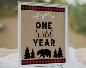 one wild year sign // lumberjack birthday party, lumberjack theme, woodland, buffalo plaid, boy birthday, printable birthday sign
