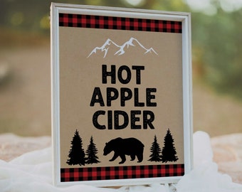 hot apple cider sign // lumberjack bear baby shower, lumberjack theme, woodland, buffalo plaid, baby boy, printable shower sign