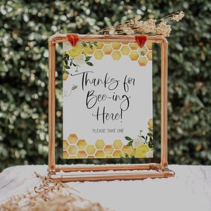 thanks for bee-ing here sign // bee baby shower, bee theme, baby bee, yellow floral, birthday party sign, printable baby shower sign