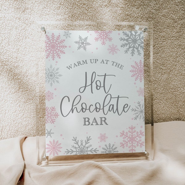 hot chocolate bar sign // winter baby shower, snowflake, blush pink silver, snow, baby girl, printable baby shower sign