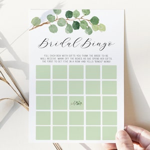 bridal bingo game card // eucalyptus bridal shower, watercolor greenery, green floral, boho bohemian, bridal shower games, wedding shower